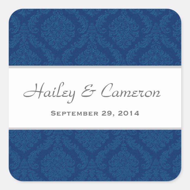 Two Tone Navy Blue Damask  Wedding V16 Square Sticker (Front)