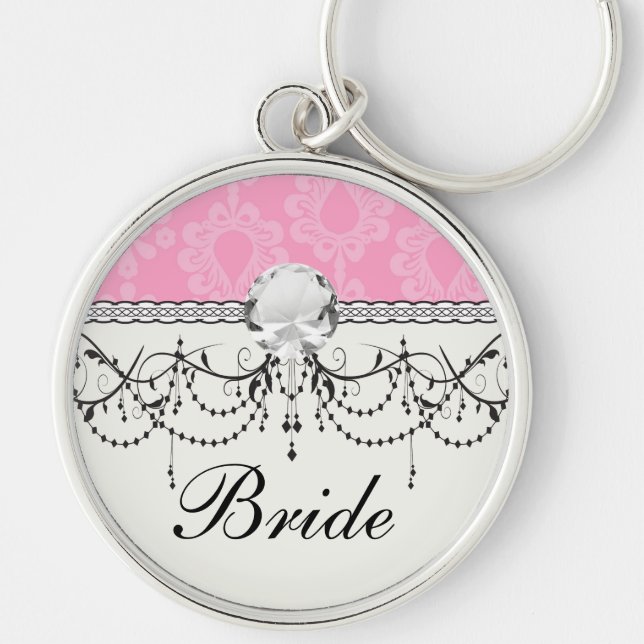 two tone pastel pink floral damask pattern key ring (Front)