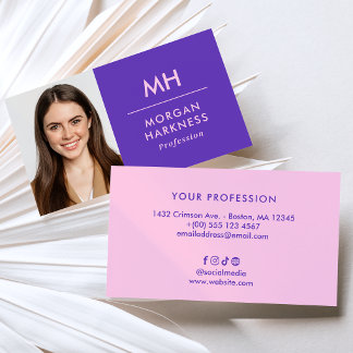 Two-Tone Purple Pink Minimal Photo & Monogram Business Card