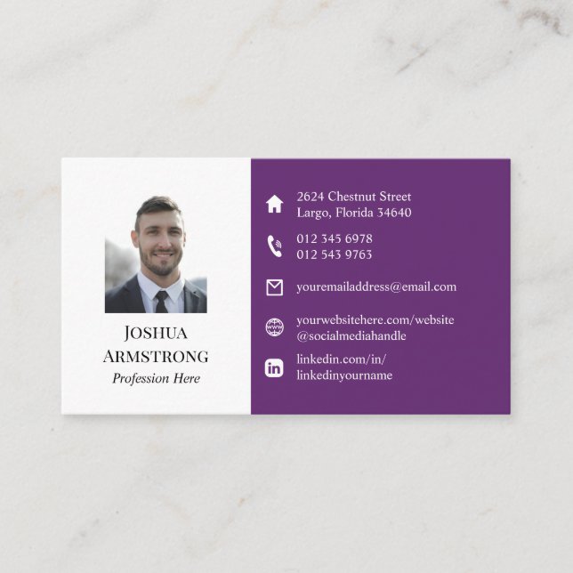 Two Tone Purple Your Profile Photo & Logo Business Card (Front)
