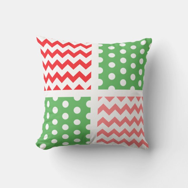 Two-Tone Red/Green/White Chevron/Polkadot Cushion (Front)
