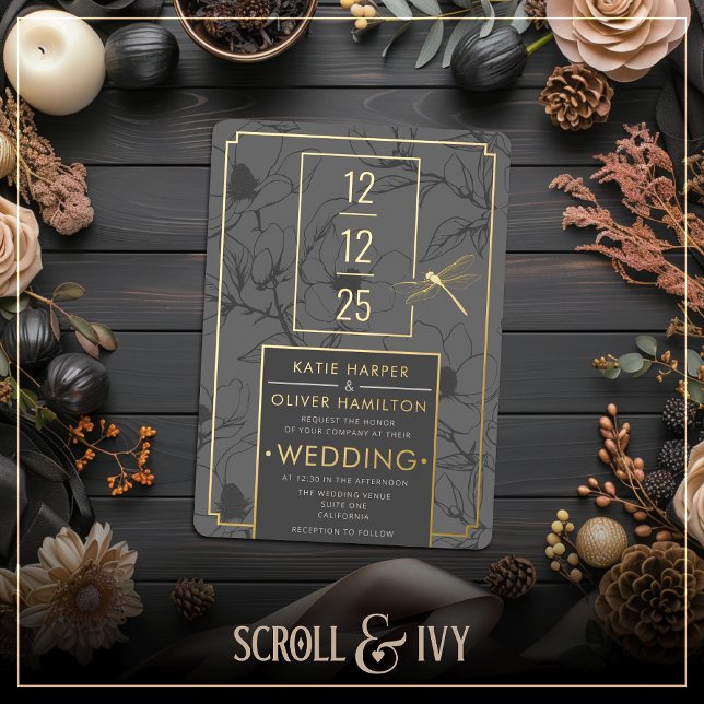 Two-Tone Slate Floral & Dragonfly Foil Invitation (Creator Uploaded)