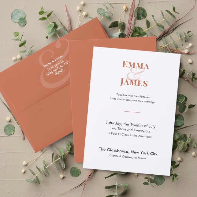 Two-Tone Terracotta Wedding Invitation | QR Code (Terracotta wedding invitation with modern minimalist typography and warm, elegant design.)