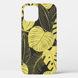 Two Tone Yellow Black Tropical Leaf Seamless Patte iPhone 12 Case