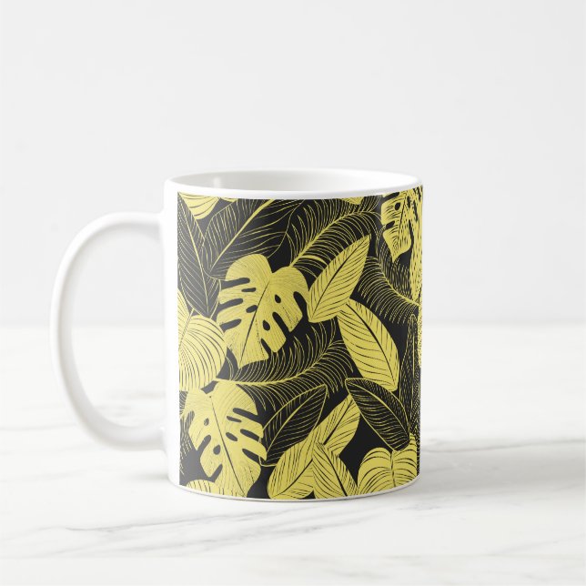 Two Tone Yellow Black Tropical Leaf Seamless Patte Coffee Mug (Left)