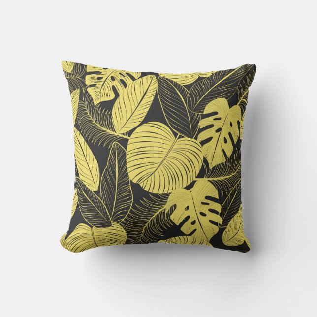 Two Tone Yellow Black Tropical Leaf Seamless Patte Cushion (Front)