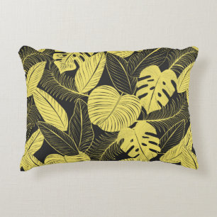 Two Tone Yellow Black Tropical Leaf Seamless Patte Decorative Cushion