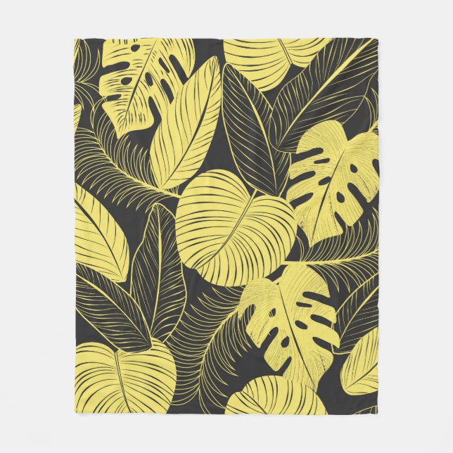 Two Tone Yellow Black Tropical Leaf Seamless Patte Fleece Blanket (Front)