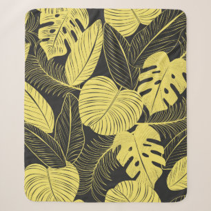 Two Tone Yellow Black Tropical Leaf Seamless Patte Sherpa Blanket