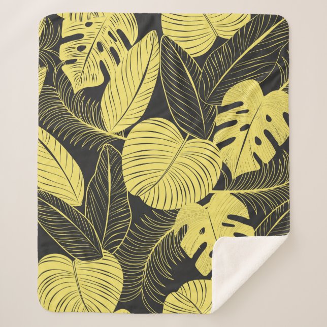 Two Tone Yellow Black Tropical Leaf Seamless Patte Sherpa Blanket (Front)