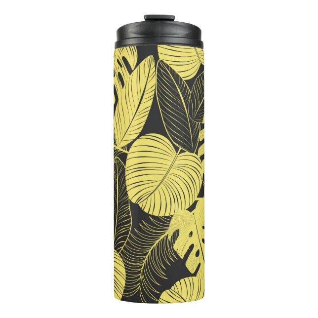 Two Tone Yellow Black Tropical Leaf Seamless Patte Thermal Tumbler (Front)