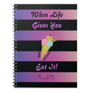 Two toned black purple stripes with gold icecream notebook