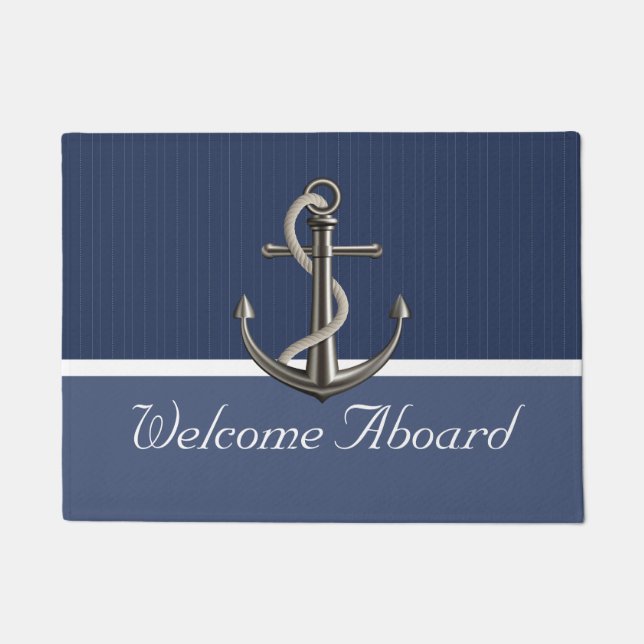 Two-toned Blue Pinstriped Anchor Doormat (Front)