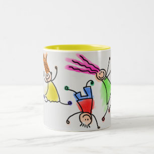 Two toned mug with cartoon kids design.