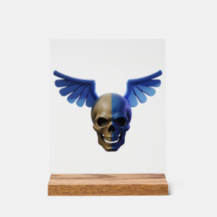 Two-Toned Skull with Blue Stylized Wings Acrylic Sign