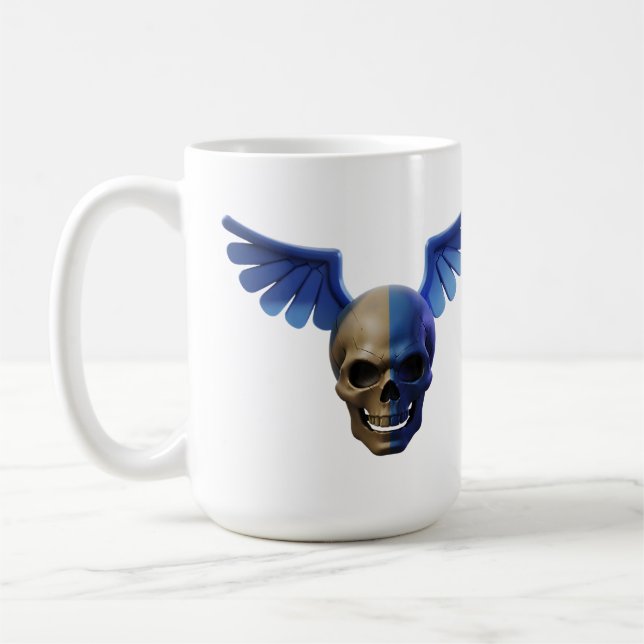 Two-Toned Skull with Blue Stylized Wings Coffee Mug (Left)