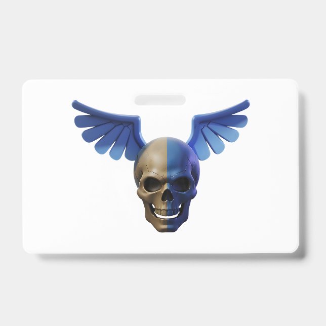 Two-Toned Skull with Blue Stylized Wings ID Badge (Front)