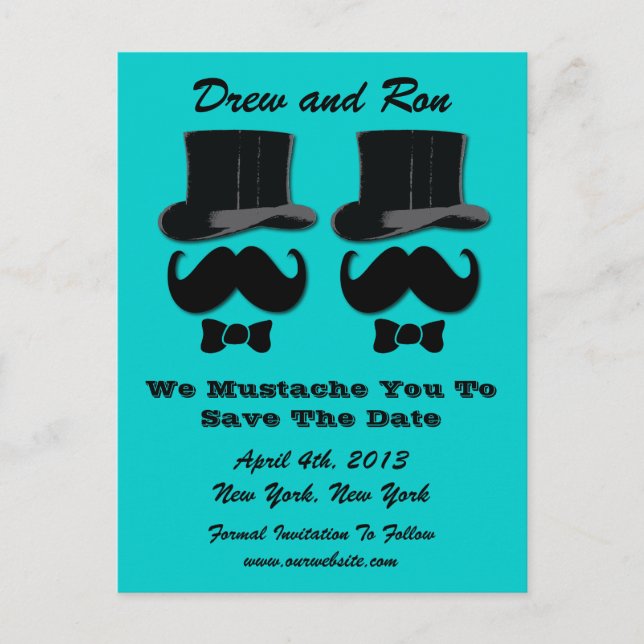 Two Top Hats With Moustache Save The Date Card (Front)