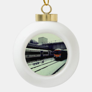 Two trains , on the tracks ceramic ball christmas ornament