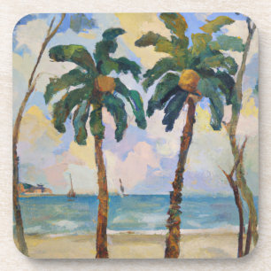 Two Tropical Palm Trees Oil Painting  Coaster