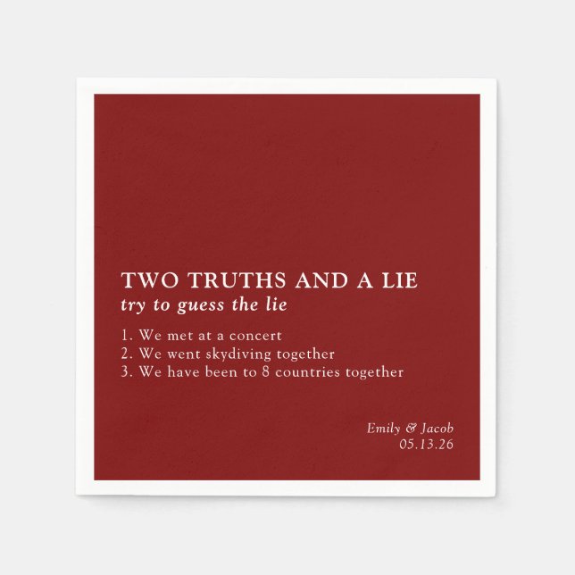 Two Truths and a Lie Minimalist Fun Fact Wedding  Napkin (Front)