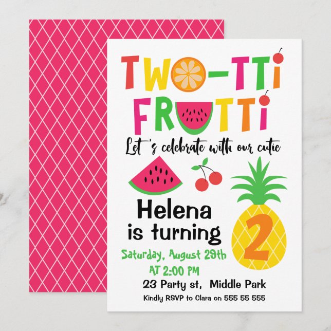 Two-tti Frutti 2nd Birthday Invitation for Girl (Front/Back)