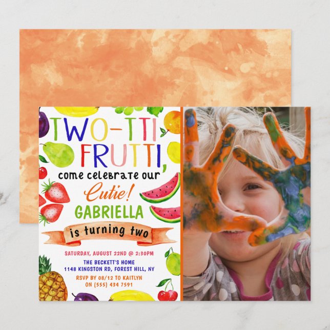 Two-tti Frutti 2nd Birthday Photo Invitations (Front/Back)