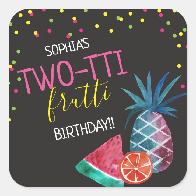 Two-tti Frutti Colourful 2nd Birthday Party Square Sticker (Front)