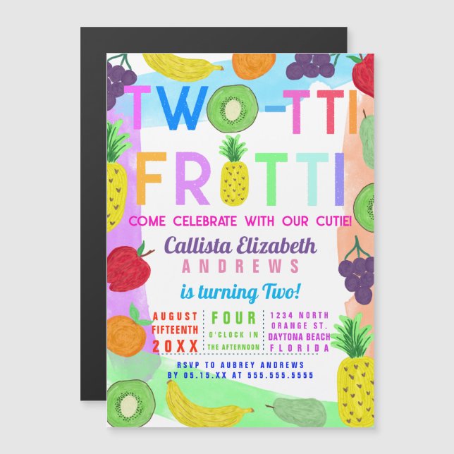 Two-tti Frutti Colourful Painted Fruit 2nd Birthda Magnetic Invitation (Front/Back)