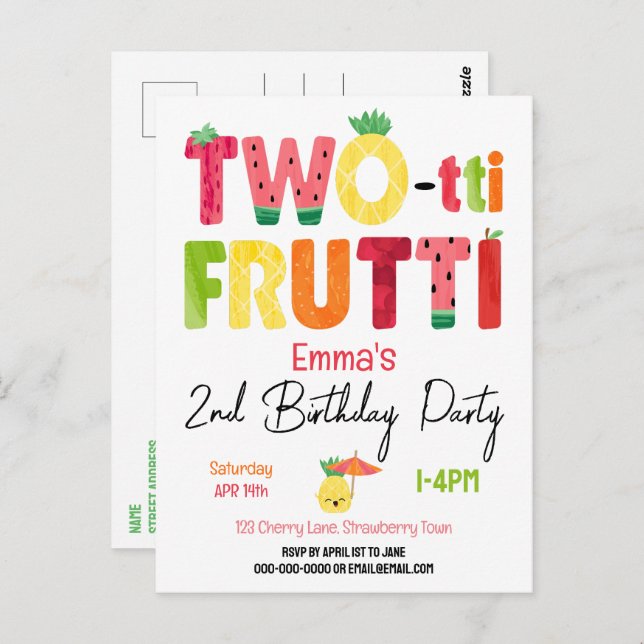 TWO-tti Frutti Cuties 2nd Birthday Tropical Fruit Postcard (Front/Back)