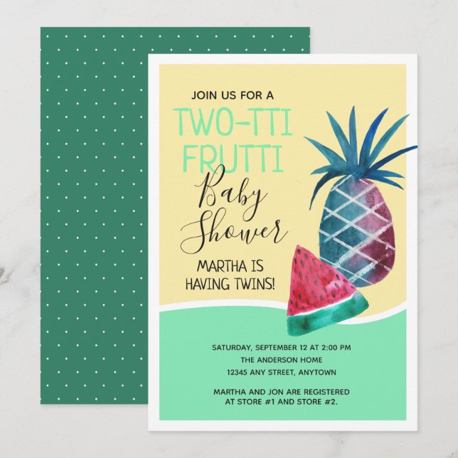 Two-tti Frutti Gender Neutral Twins Baby Shower Invitation (Front/Back)