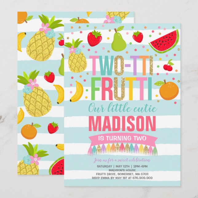 Two-tti Frutti Party Invitation 2nd Birthday Party (Front/Back)