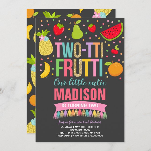 Two-tti Frutti Party Invitation 2nd Birthday Party (Front/Back)