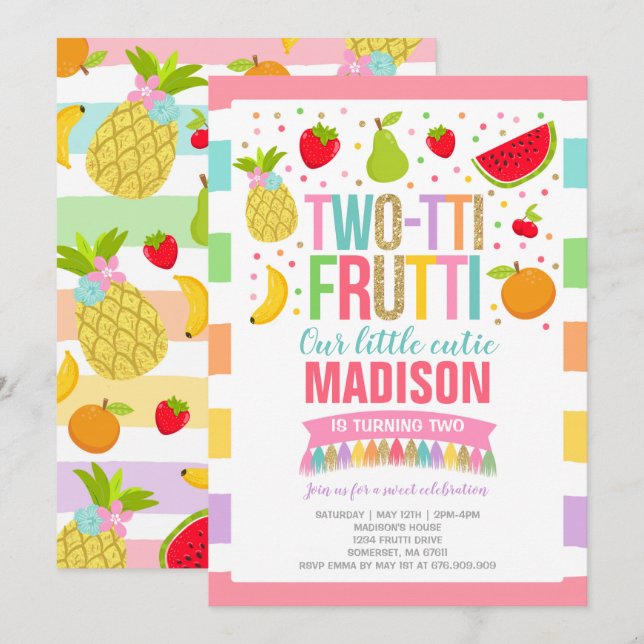 Two-tti Frutti Party Invitation 2nd Birthday Party (Front/Back)