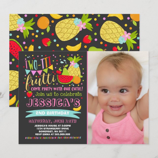 Two-tti Frutti Party Invitation 2nd Birthday Party (Front/Back)