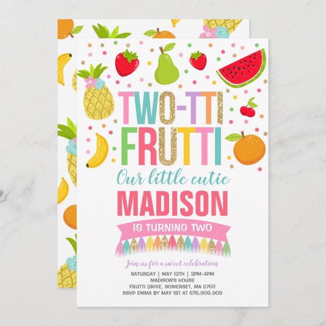 Two-tti Frutti Party Invitation 2nd Birthday Party (Front/Back)