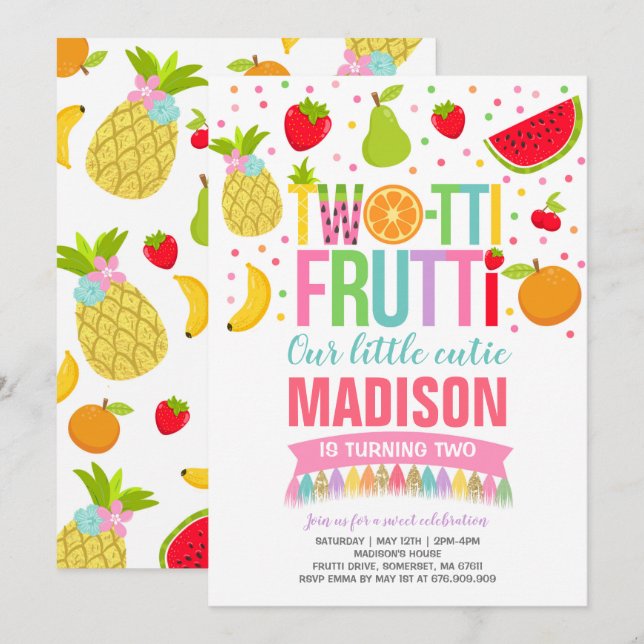Two-tti Frutti Party Invitation 2nd Birthday Party (Front/Back)