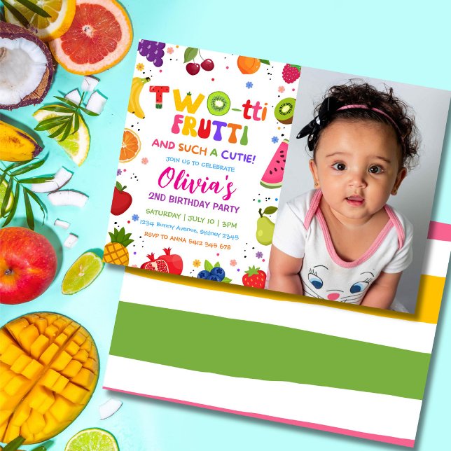 Two-tti Frutti Photo invite ,  2ND Fruits Summer   (Cute Twotti Frutti 2nd birthday photo invitation with colorful tropical fruit party theme.)