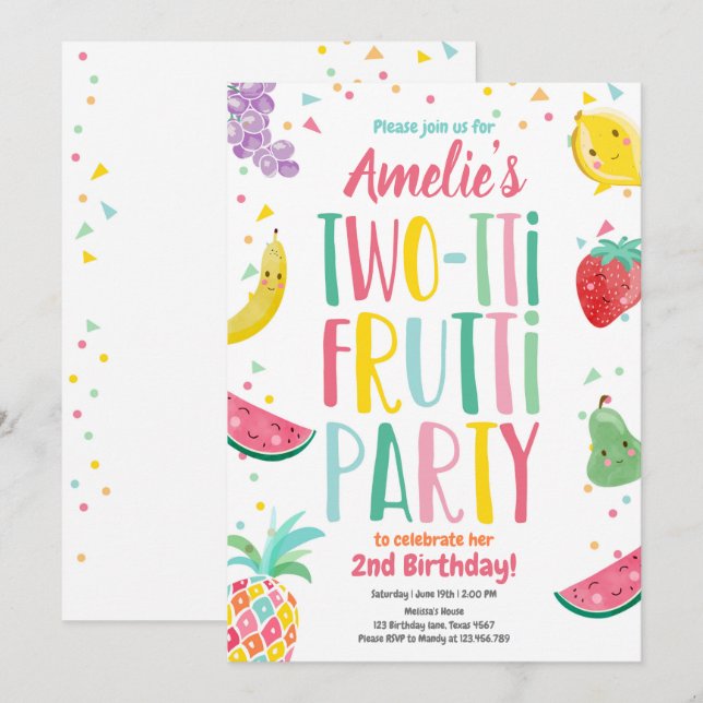 Two-tti Frutti Tutti Fruity Birthday Fruit Summer Invitation (Front/Back)