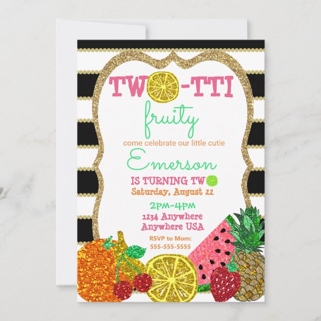 two-tto frutti 2nd Birthday Tutti Frutti glitter Invitation (Front)