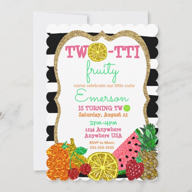 two-tto frutti 2nd Birthday Tutti Frutti glitter Invitation (Front)