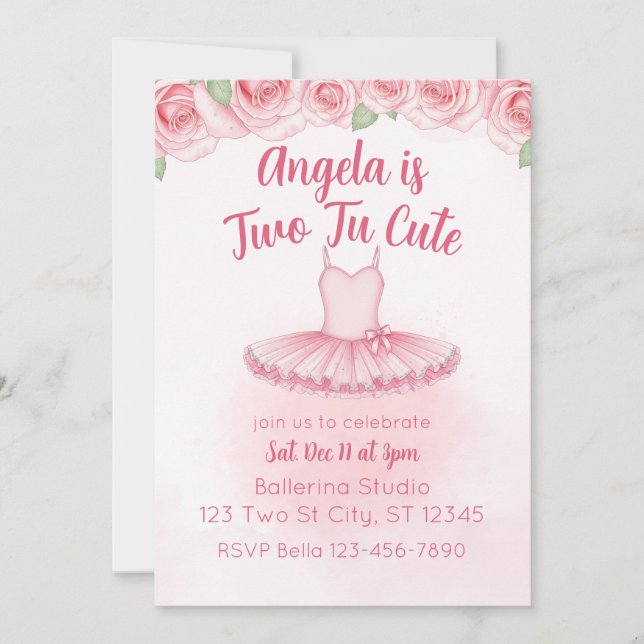 Two Tu Cute, Ballerina 2nd Birthday Invitation (Front)