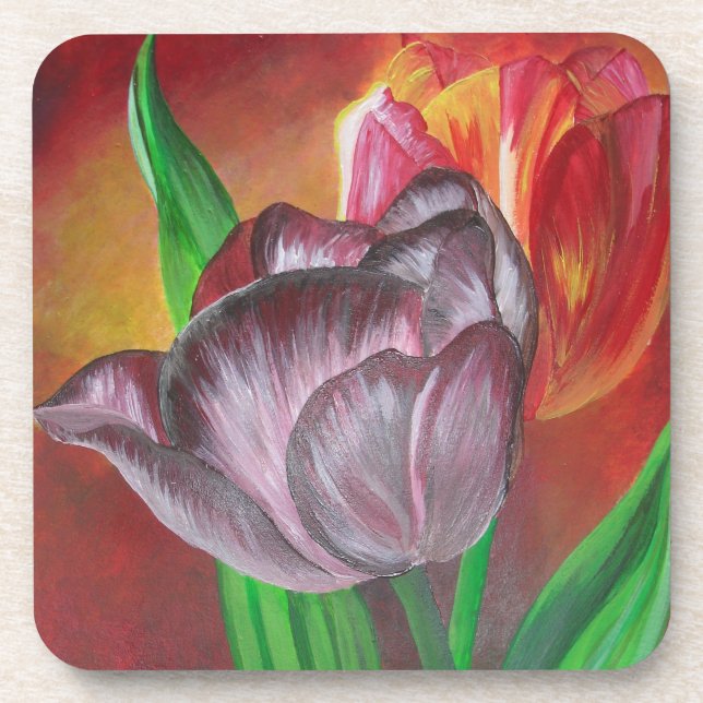 Two Tulips Against Red Background Coaster (Front)
