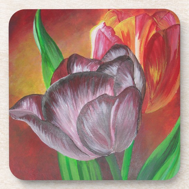 Two Tulips Against Red Background Coaster (Front)