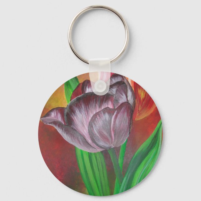 Two Tulips Against Red Background Key Ring (Front)
