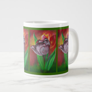 Two Tulips Against Red Background Large Coffee Mug