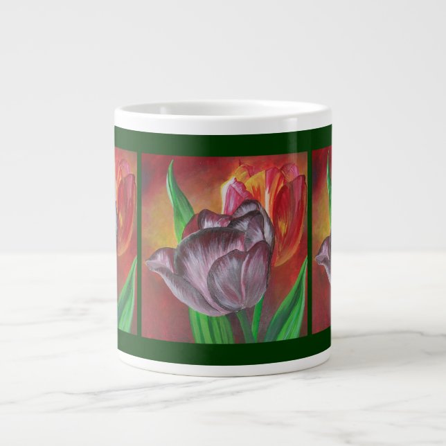 Two Tulips Against Red Background Large Coffee Mug (Front)