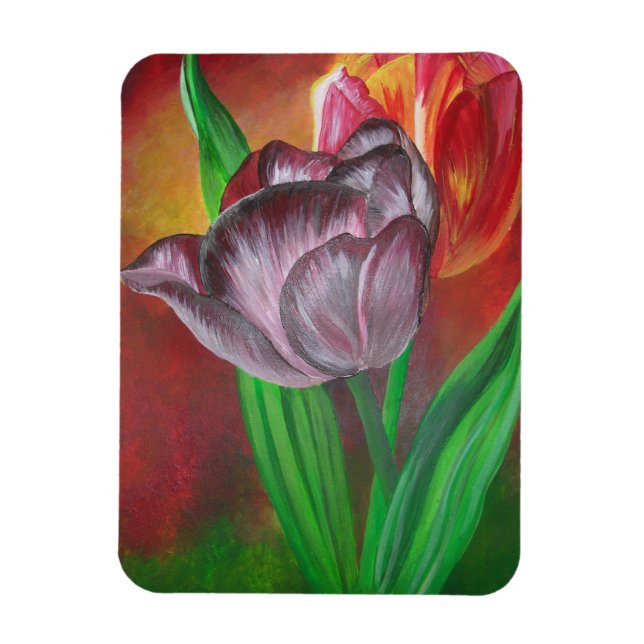 Two Tulips Against Red Background Magnet (Vertical)