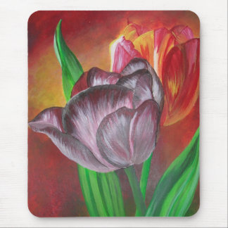 Two Tulips Against Red Background Mouse Mat