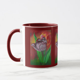 Two Tulips Against Red Background Mug